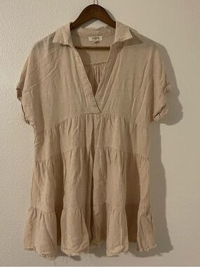 Umgee Tan Linen/Cotton Short Sleeve Tiered V-Neck Tunic/Dress Size Medium